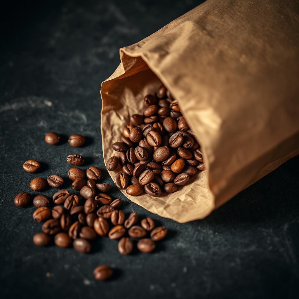 Freshly roasted coffee beans spilling from a paper bag.