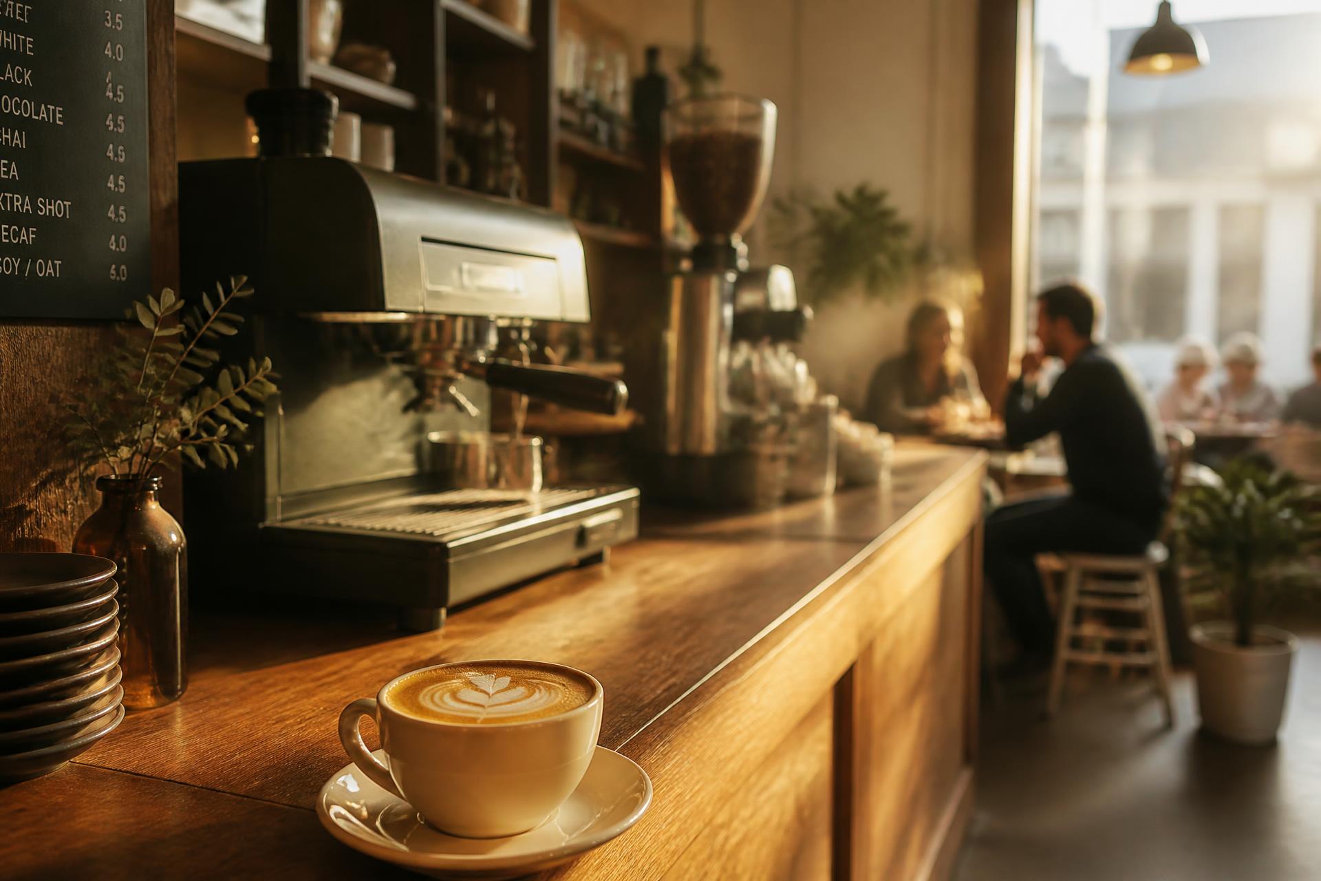 Warm morning light inside The Daily Grind coffee shop with a freshly poured flat white on the counter.