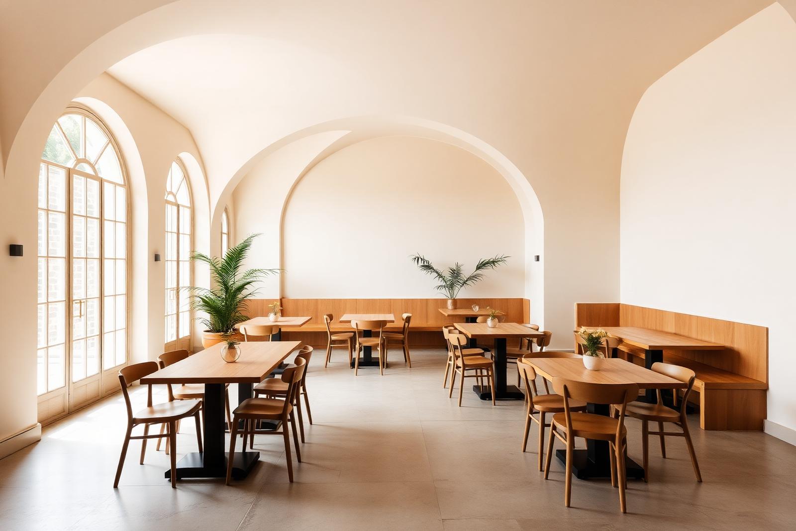 Minimal cafe interior with oak tables and arched windows.