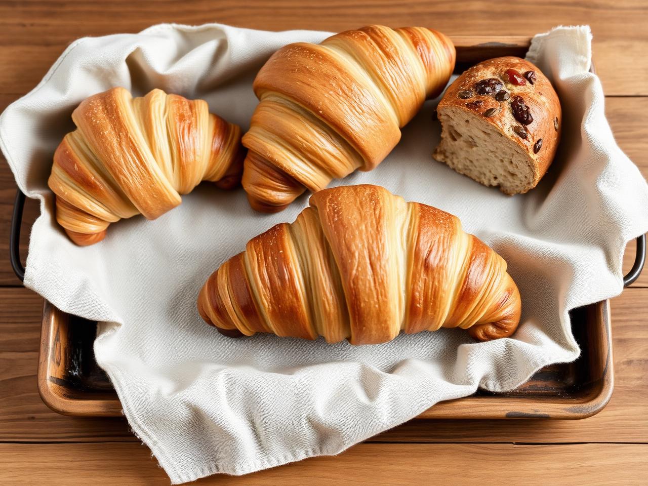 Fresh croissants and pastries on a linen-lined tray.
