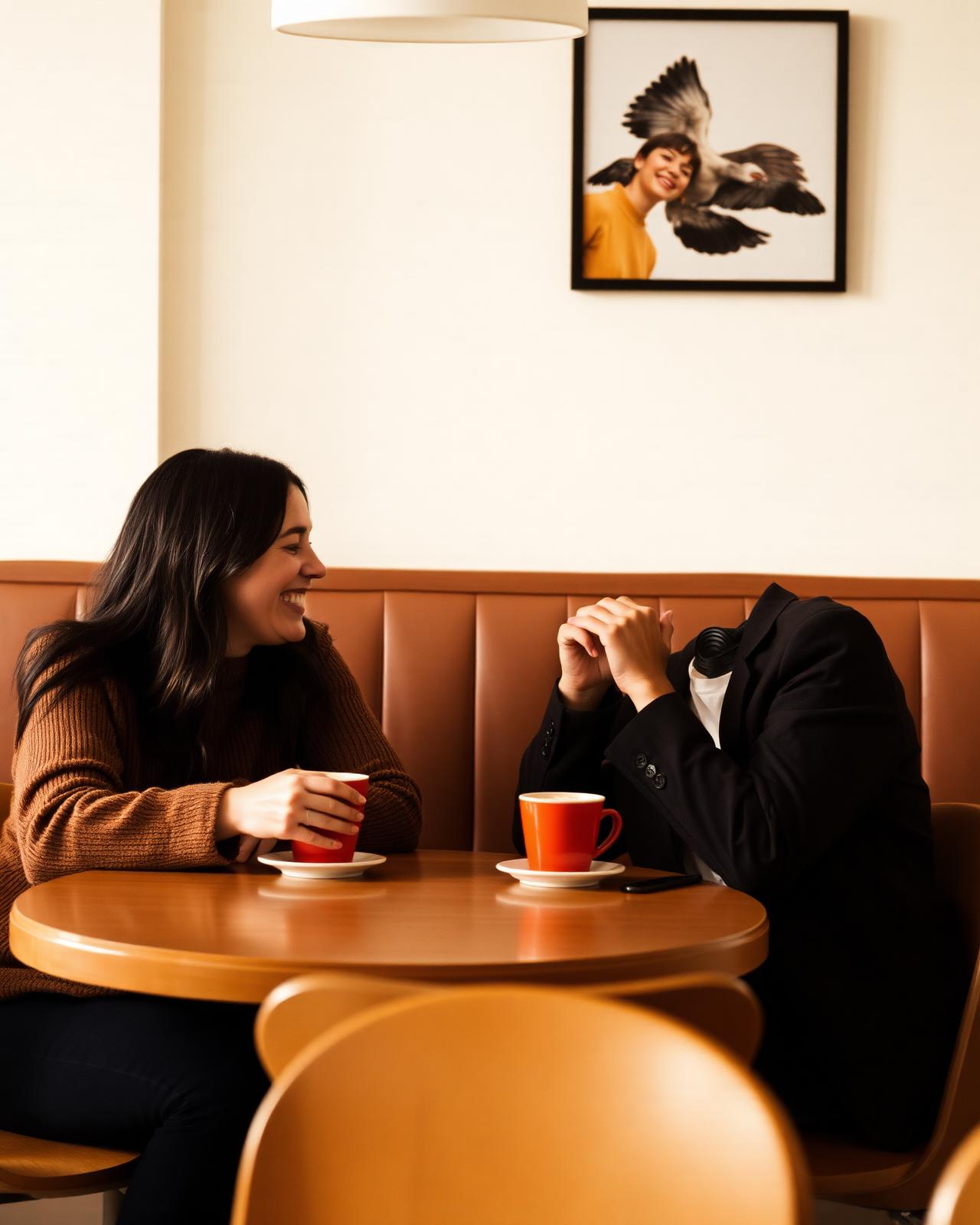 Two friends laughing over coffee in the cafe.