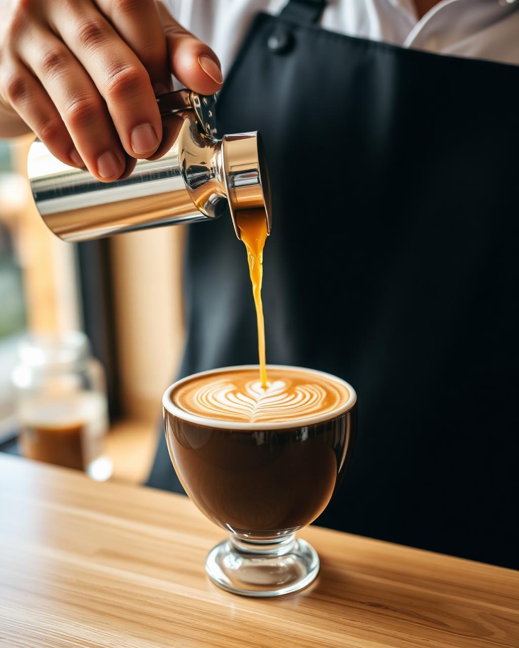 Barista pouring latte art into a ceramic cup.