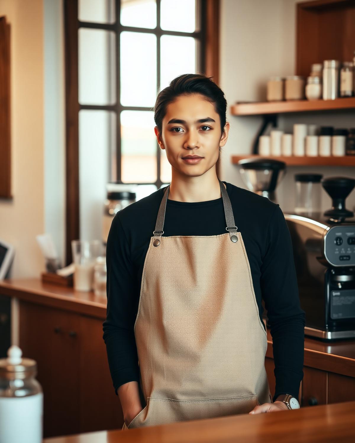 Barista in a linen apron behind the coffee counter.