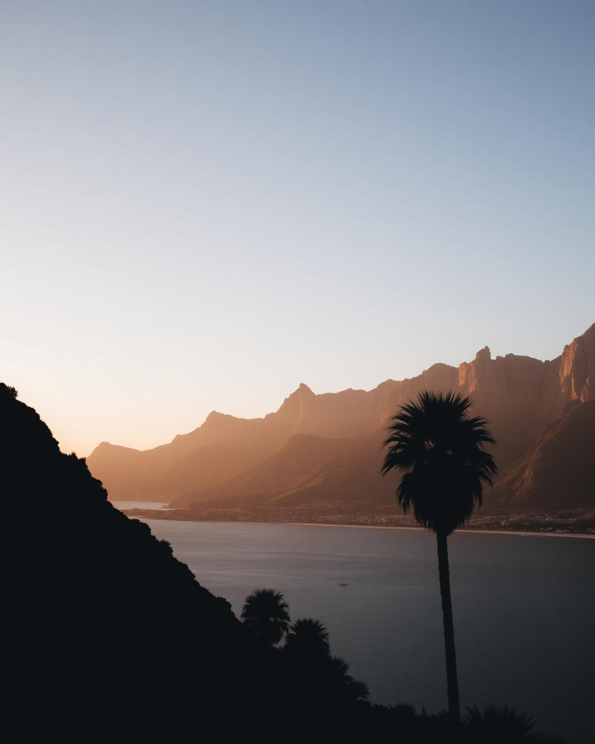 Camps Bay mountains and palm trees at sunset.