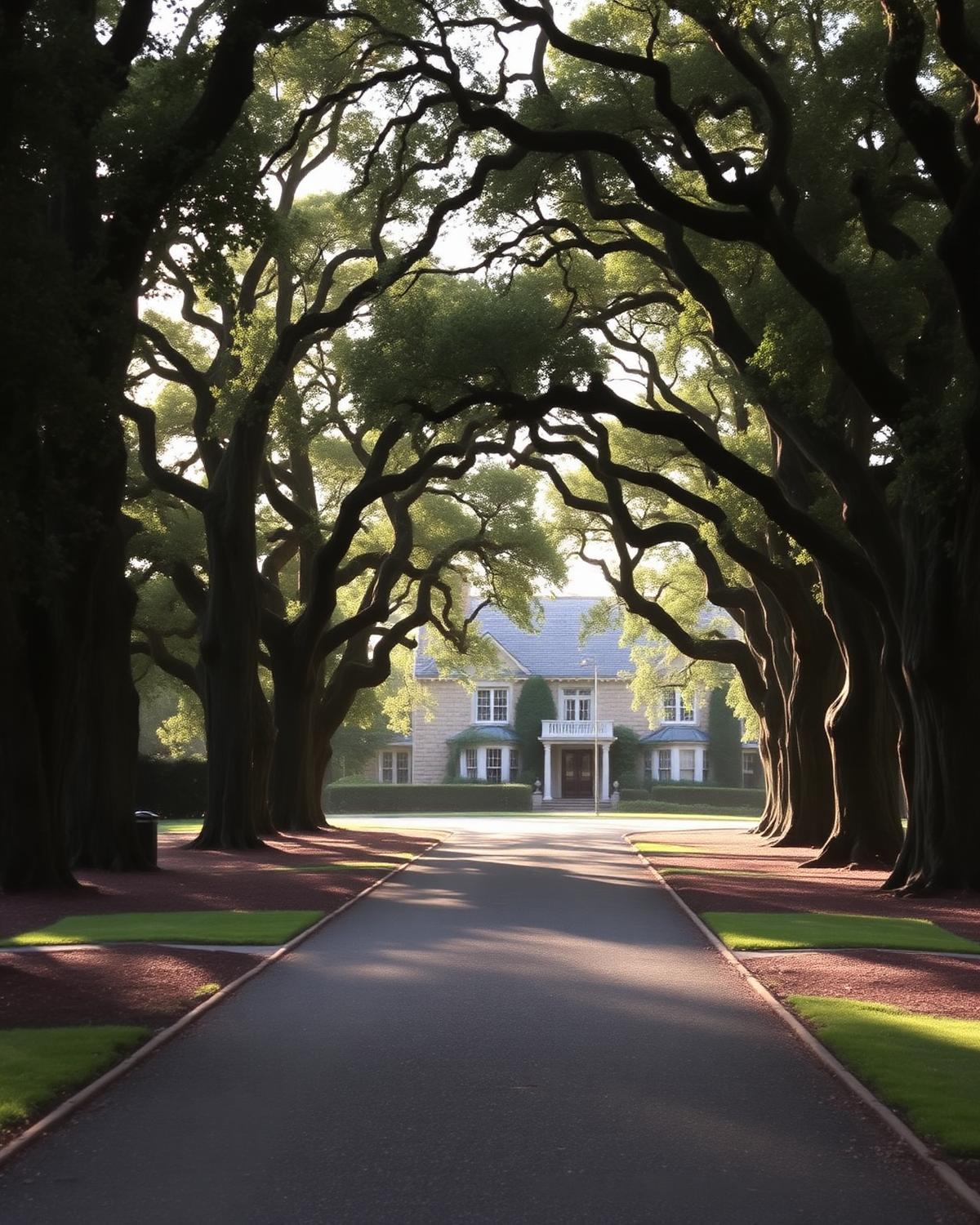 Oak-lined driveway leading to a Constantia manor house.