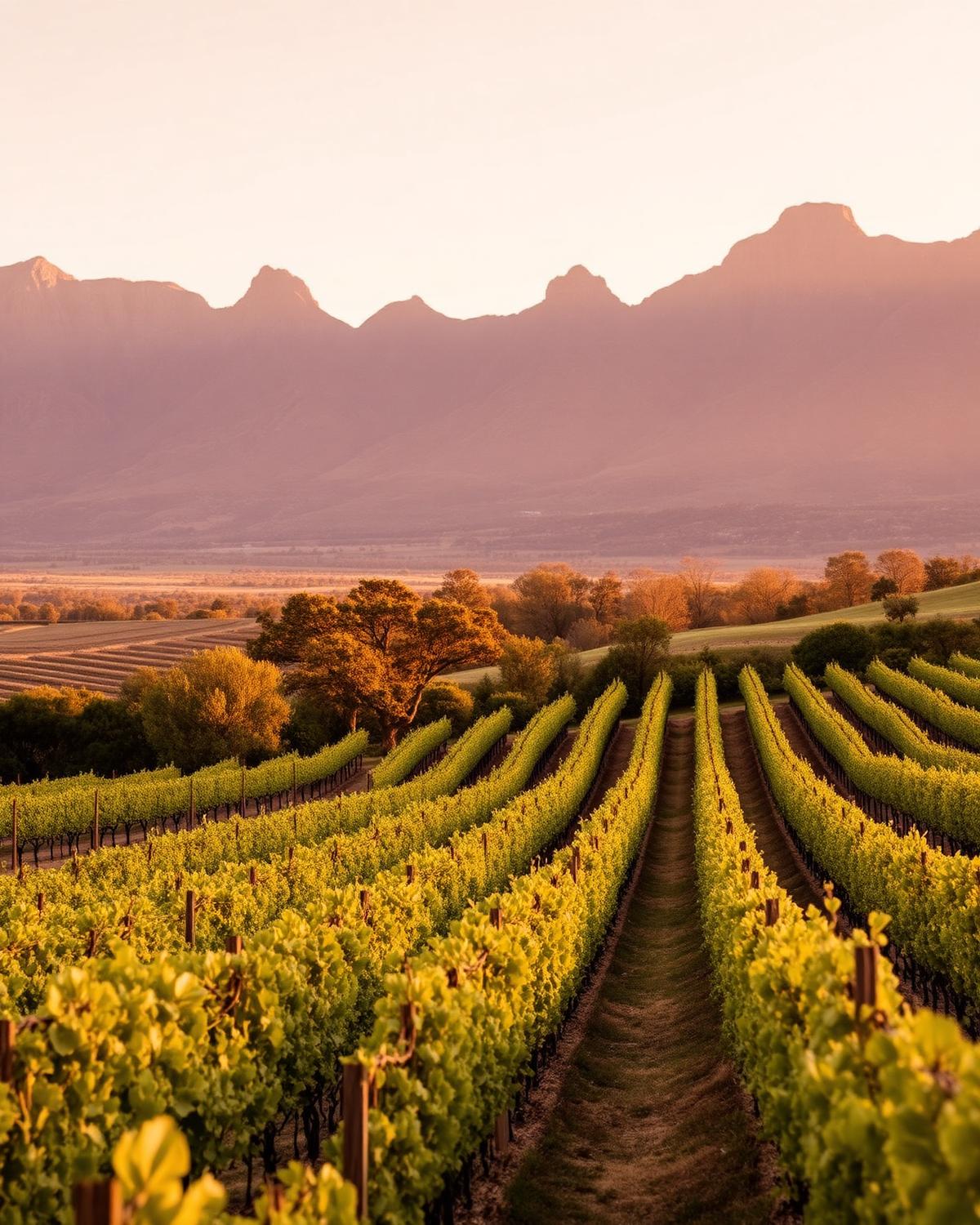 Stellenbosch vineyards at golden hour.