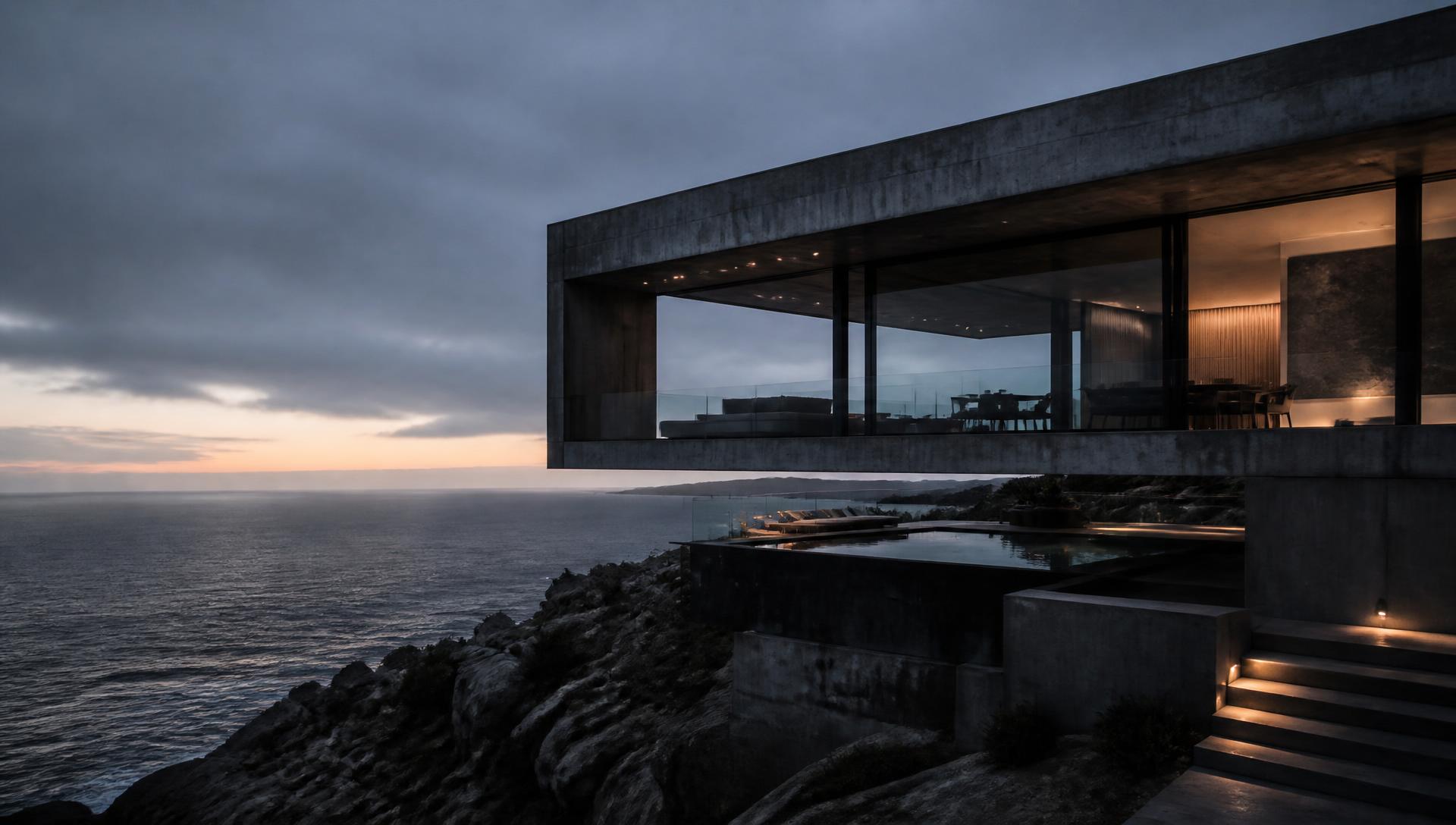 Cantilevered concrete residence above the Atlantic ocean at twilight.