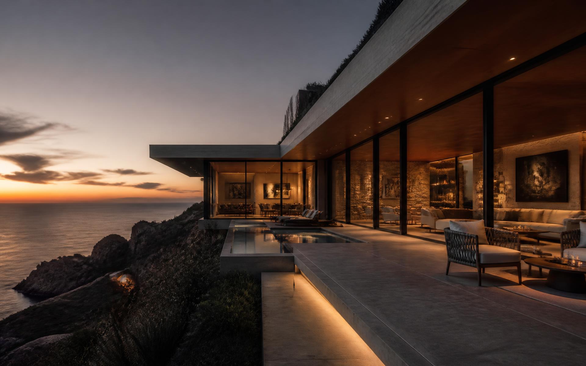 Luxury cliffside residence overlooking the Atlantic at dusk.