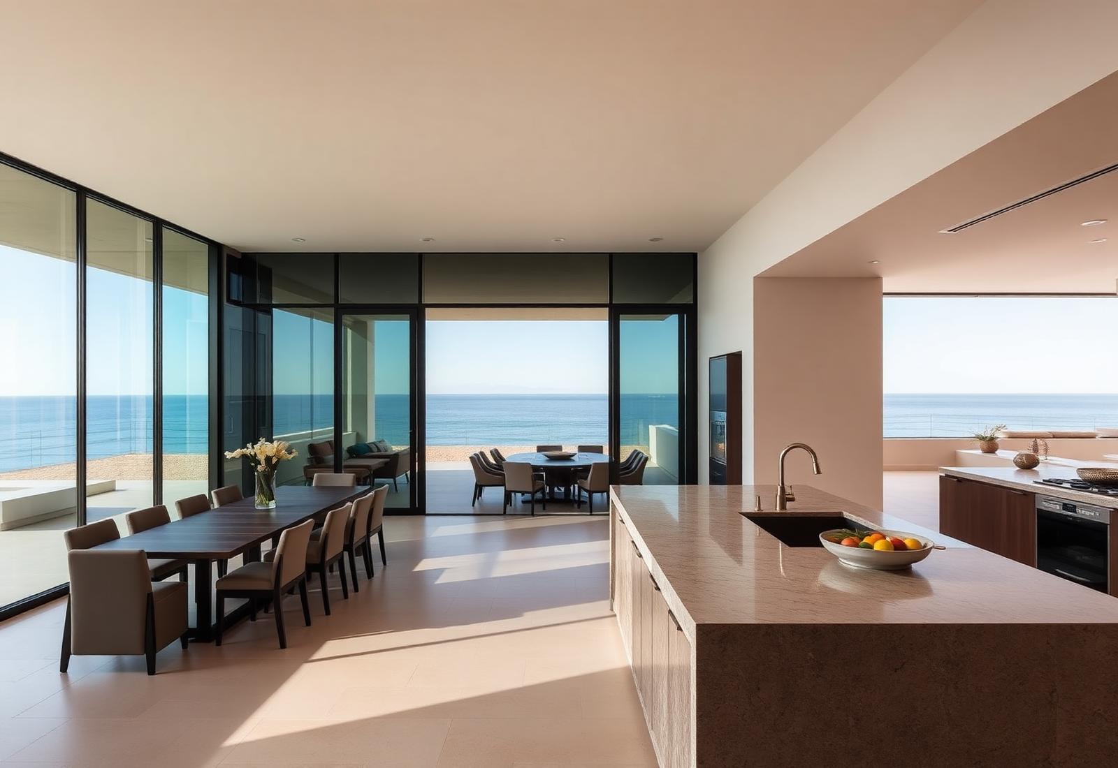 Open-plan kitchen and dining space with full-height glass to the ocean.