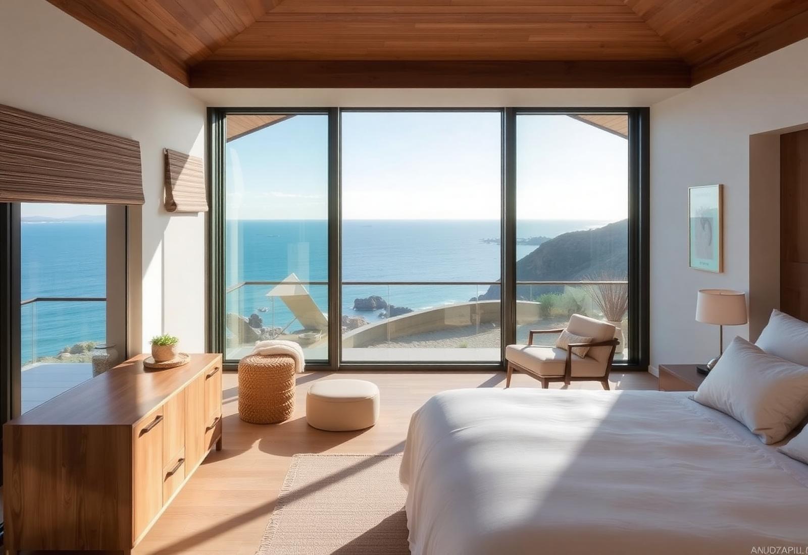 Principal bedroom with ocean views and timber ceiling.