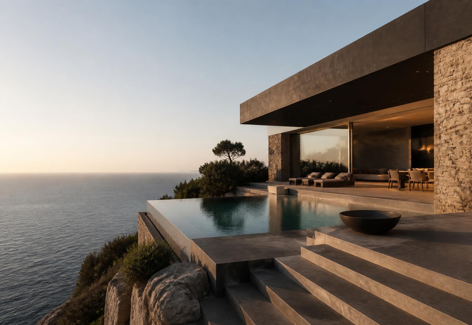 Contemporary clifftop residence with an infinity pool above the Atlantic ocean.