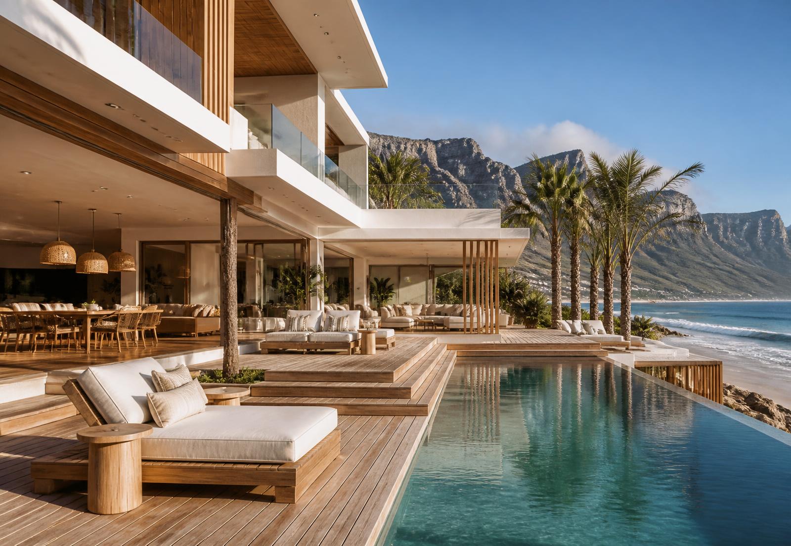 Modern beachfront home with a long pool deck, palm trees and mountain backdrop.