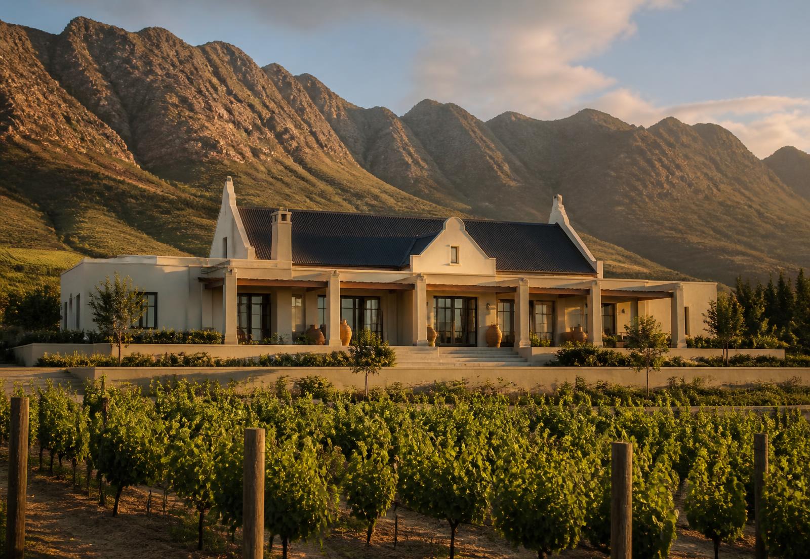 Cape Dutch style estate house among vineyards with mountains behind at golden hour.