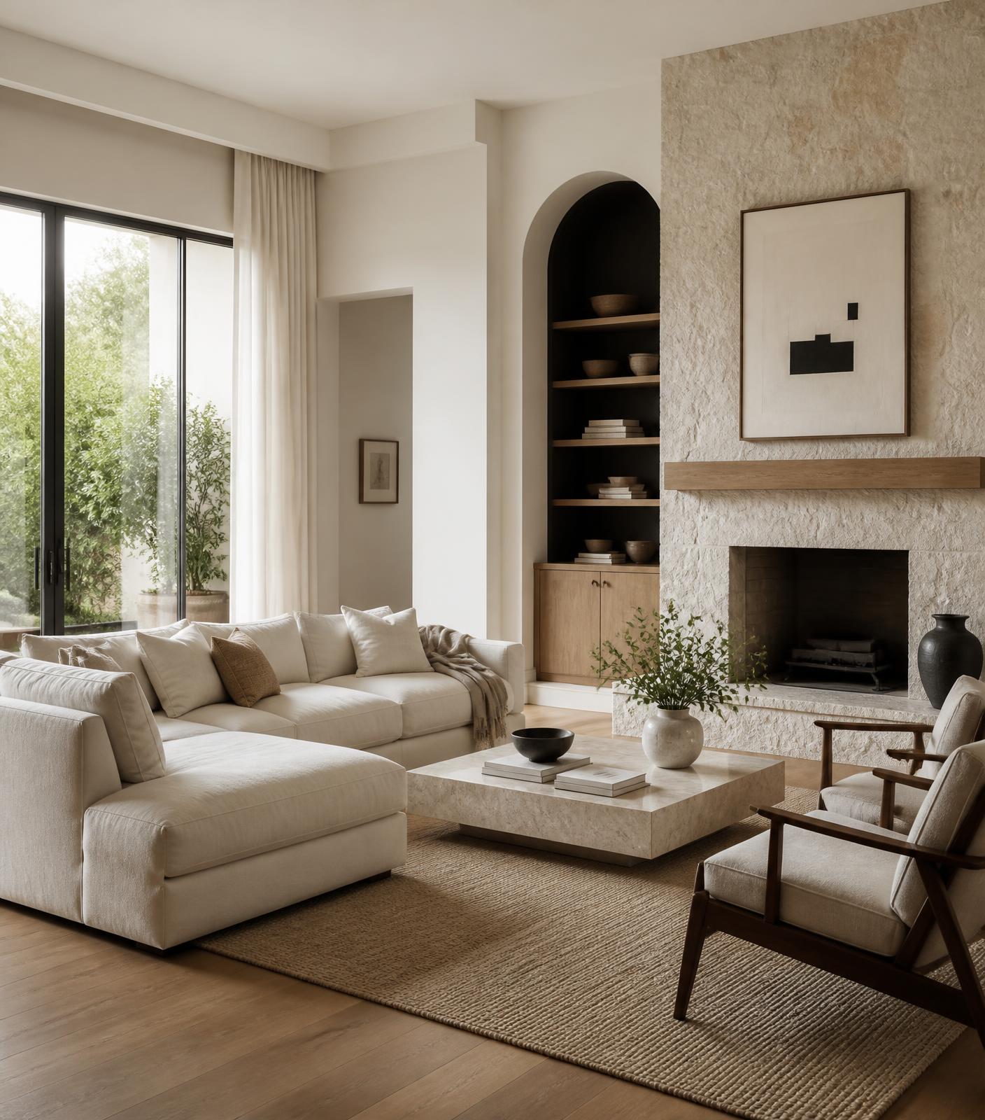 Calm luxury living room interior with stone fireplace and linen furniture.