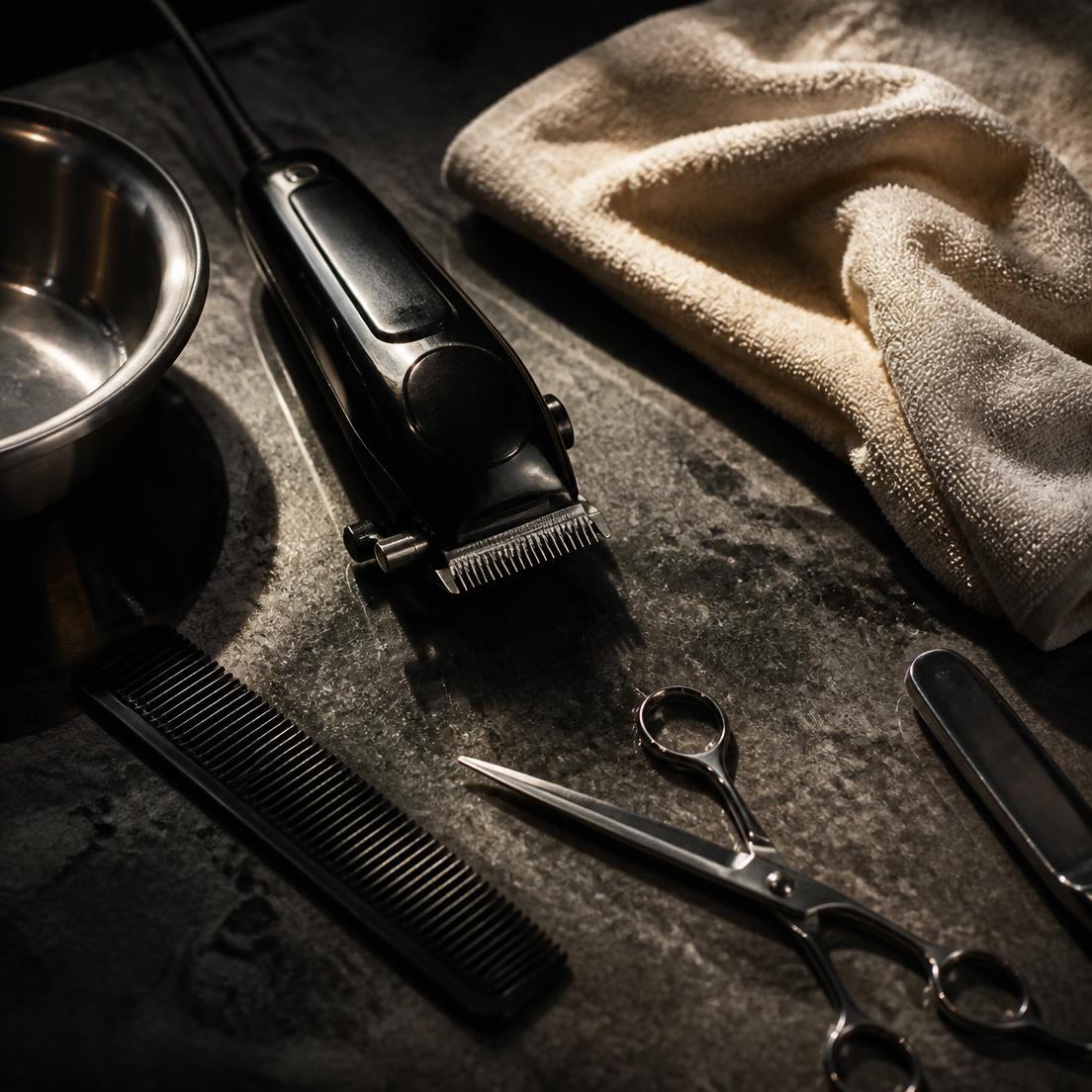 Barber tools laid out on a dark counter