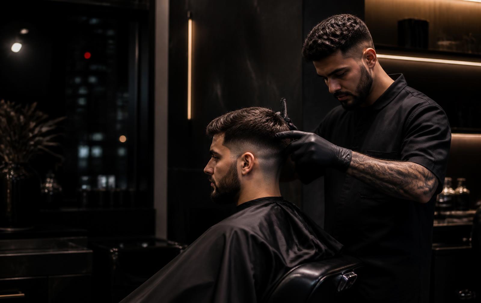 A barber giving a precision fade to a client inside The Chair barber studio