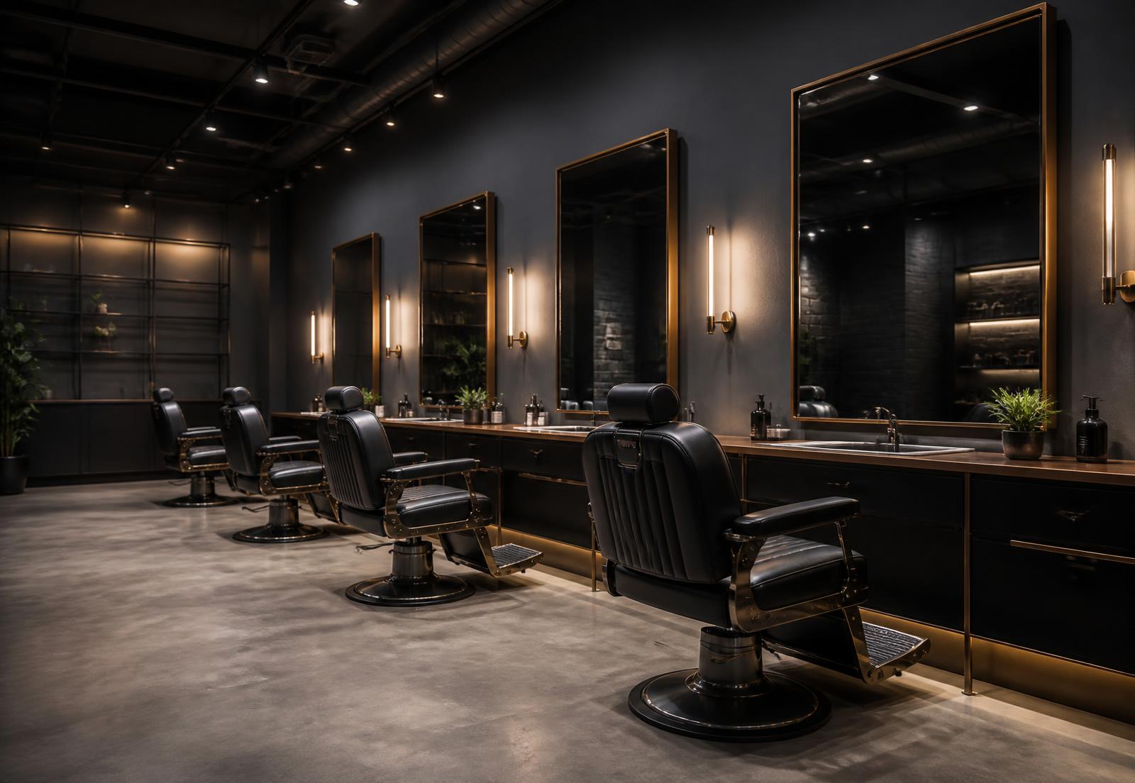 Interior of The Chair barber studio with black leather chairs and warm lighting