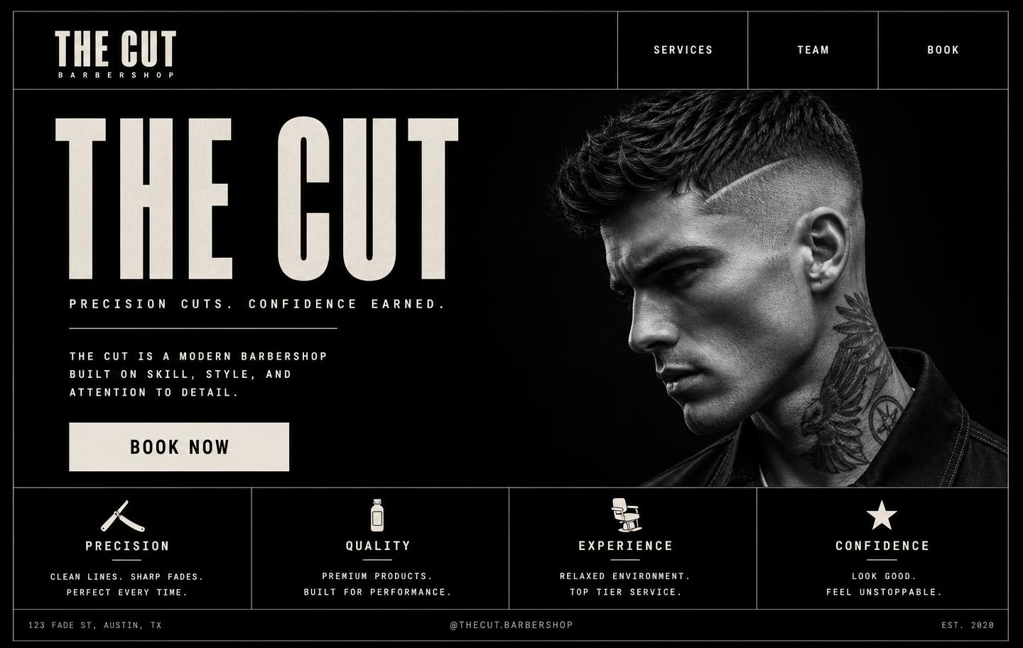 Homepage design for The Chair, a modern barber studio, with bold dark editorial styling.