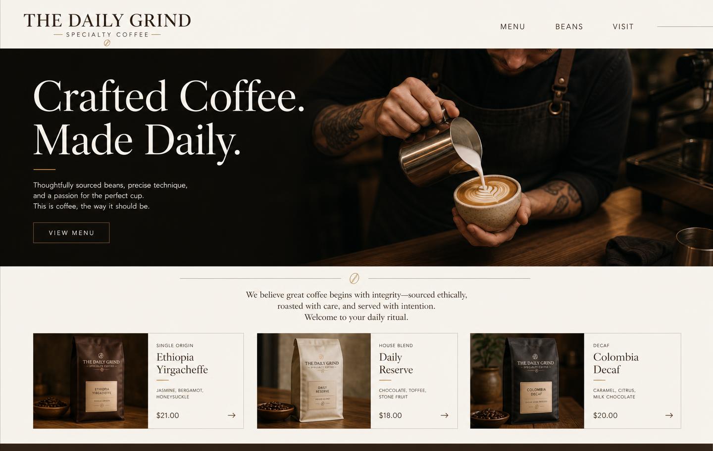 Homepage design for The Daily Grind, a specialty coffee shop, with warm cream and espresso tones.