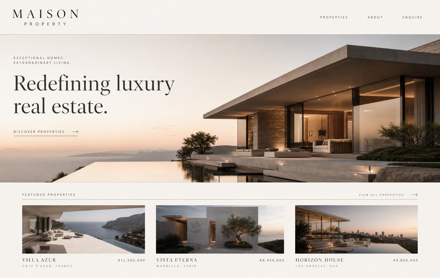 Homepage design for North & Co. Property, a luxury real estate brand, with architectural photography.
